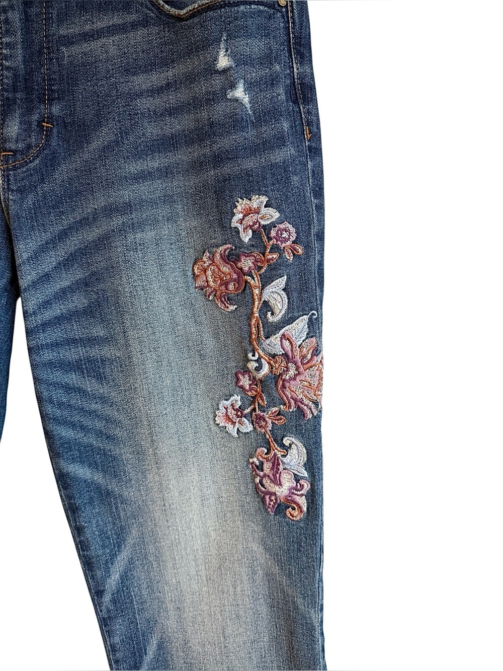 WHBM “The Straight” Mid Rise Floral Embroidered Denim Jeans Size 8 - Picture 2 of 12